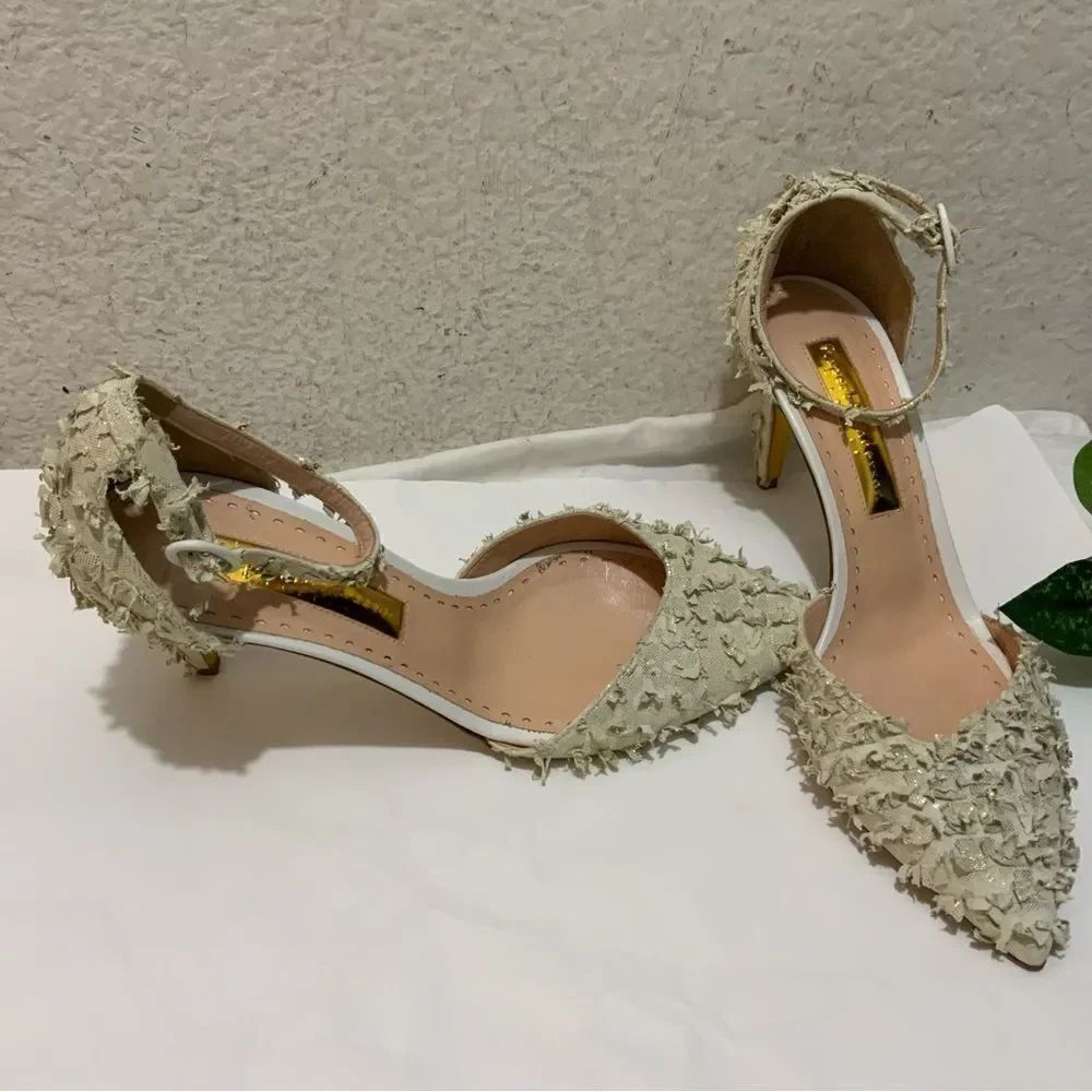 Rupert Sanderson abbey Venus Women's Suede Ankle Strap Sandals SIZ 39 cream gold